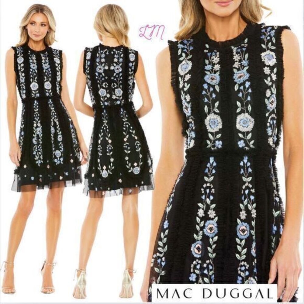 Mac Duggal Black and Blue Floral Mini Dress